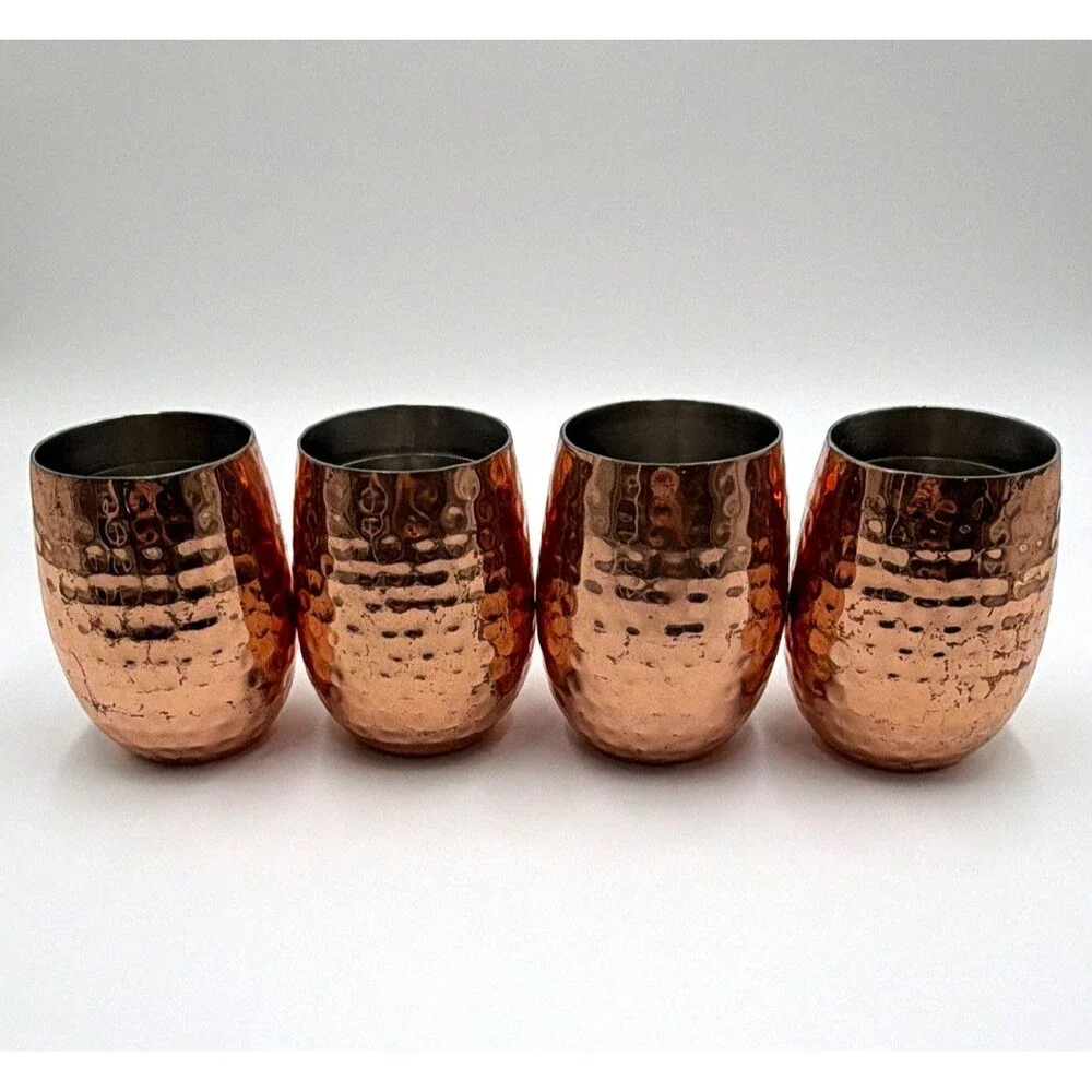 Hammered Copper Stainless Steel Lined Cocktail Tumblers Set of 4, Round